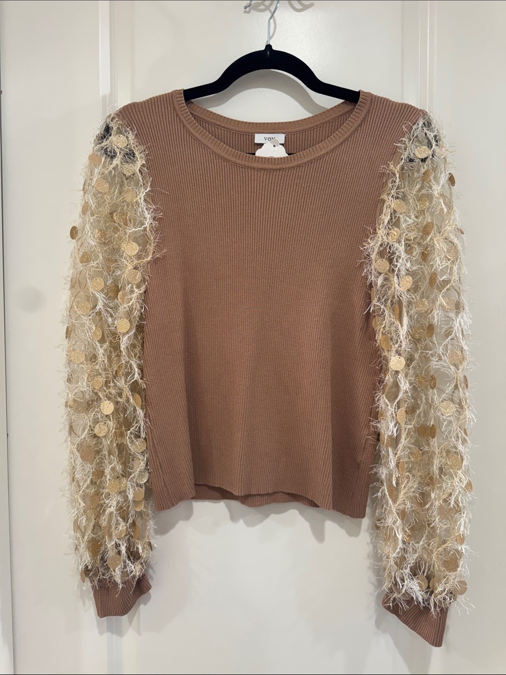 VOY Tan Ribbed Sweater with Textured Sequin-Trim Sleeves